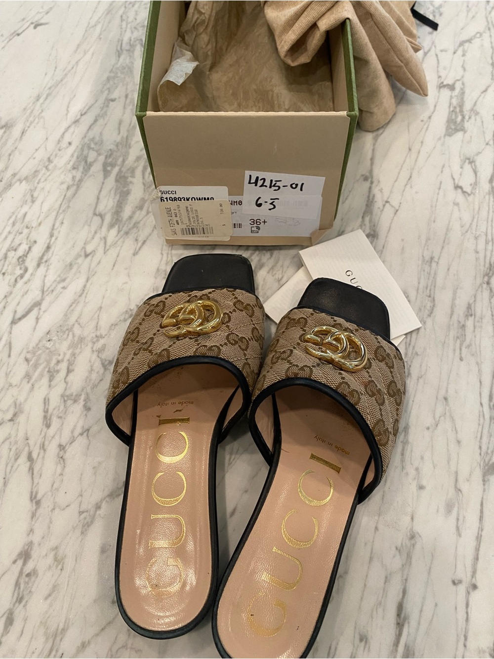 Gucci Brown GG Canvas Slide Mules with Gold Double G - Picture 2 of 4